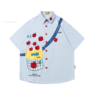 WHISPER*25SS小众潮牌联名趣味苹果贴皮刺绣挎包设计短袖衬衫