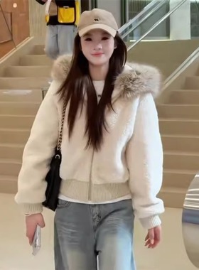 WHISPER*25AW小众潮牌联名百搭皮毛一体毛领加厚羊羔毛绒外套