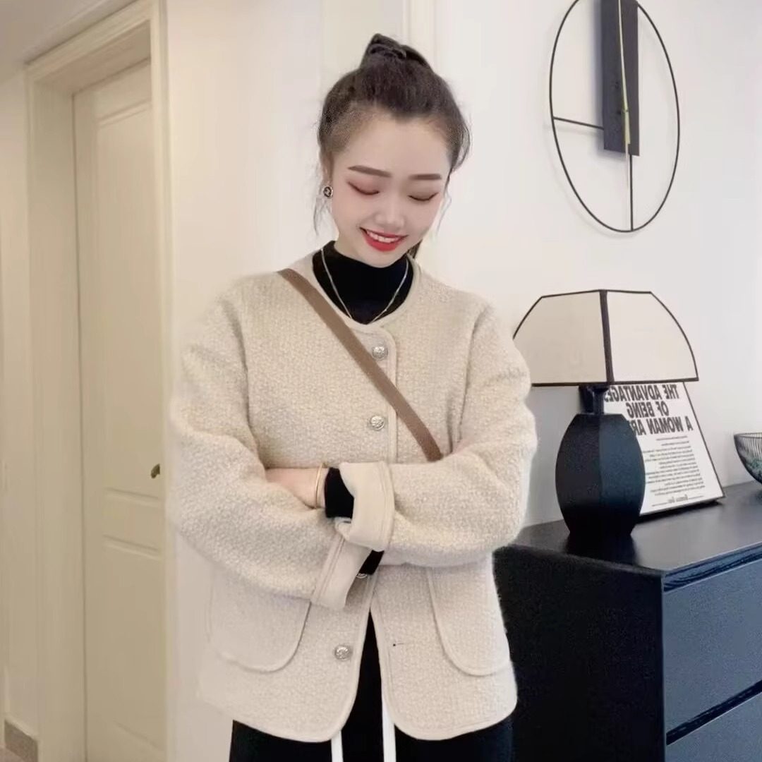 WHISPER*25AW小众潮牌联名休闲宽松小香风圆领羊羔毛外套