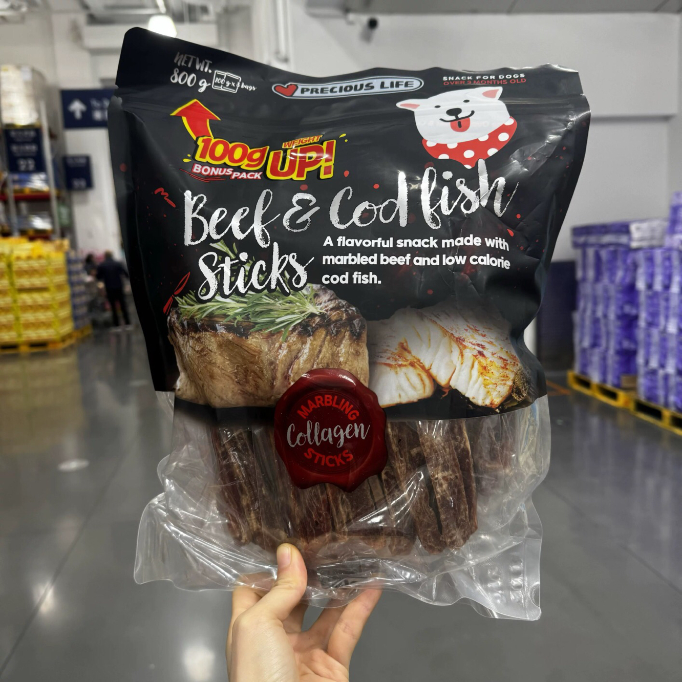 山姆代购PRECIOUS LIFE 成犬狗狗宠物零食牛肉鳕鱼条 加量版800g