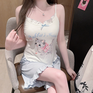 新款 带胸垫睡衣女夏季 四季 莫代尔背心短裤 猫咪纯欲风家居服夏 套装