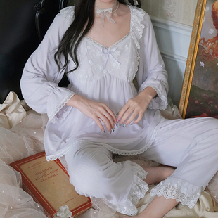 秋 日系甜美蕾丝带胸垫睡衣女秋公主风温柔宫廷风家居服两件套薄款