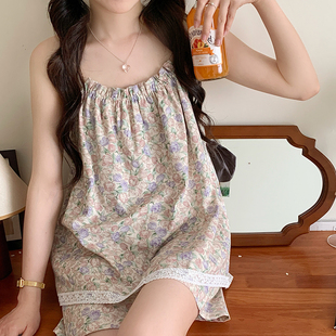 夏天 韩国吊带纯棉纱布睡衣女甜美无袖 薄款 碎花可爱家居服短裤 套装