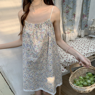 碎花印花纯棉纱布家居服连衣裙可外穿 韩系性感露背吊带睡裙女夏季