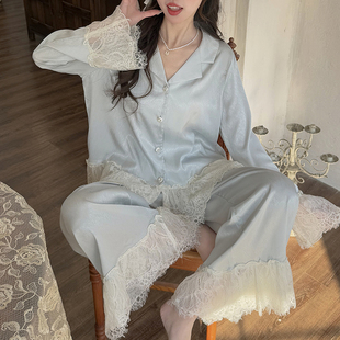 春 睡衣女春秋长袖 轻奢花边蕾丝冰丝可外穿2025新款 法式 家居服套装