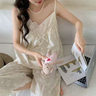 新款 带胸垫韩国高级感吊带睡衣女夏季 甜美可爱纯棉钩花全棉家居服