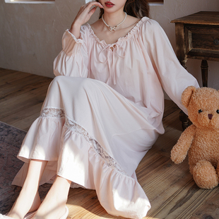 纯棉全棉长裙家居服 甜美宫廷风蕾丝拼接纯色连衣裙睡裙女春夏季