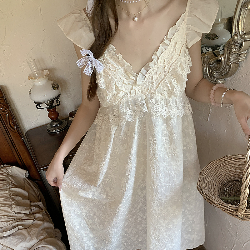 甜美韩系蕾丝钩花纯棉吊带睡裙女夏季轻薄全棉飞飞袖睡衣带胸垫