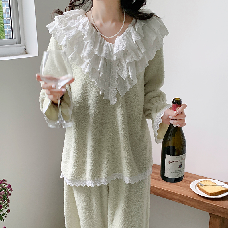 韩版宫廷风睡衣秋冬季半边绒