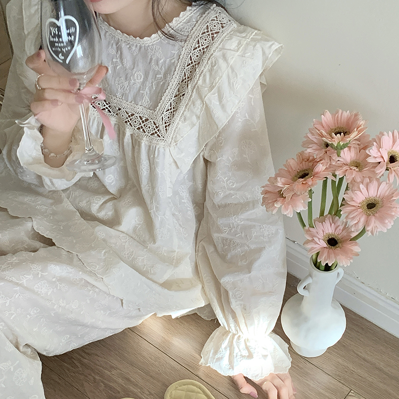 宫廷风睡衣女纯棉刺绣高级长袖