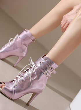 欧美鱼嘴短靴子绑带紫色金色爵士舞高跟鞋女细跟凉靴heels跳舞鞋