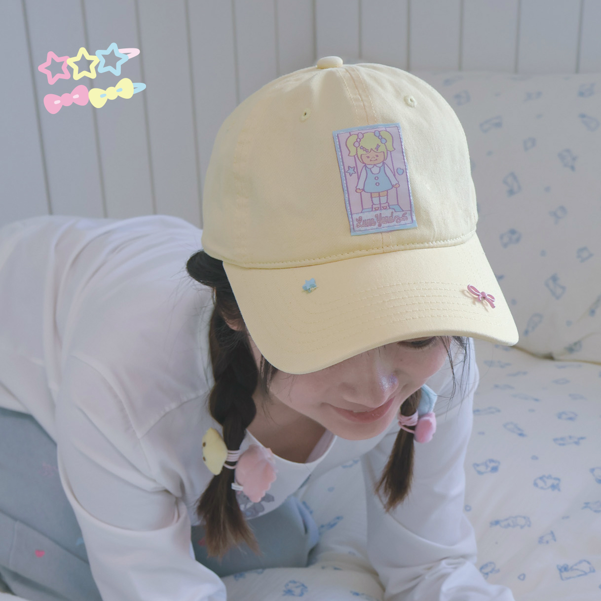 月亮公园|原创蝴蝶结娃娃少女感奶黄牛仔韩系宽檐棒球帽可调节