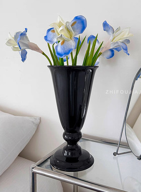 法式复古黑色高脚杯大口径陶瓷花瓶高级感客厅玄关摆件水培花器