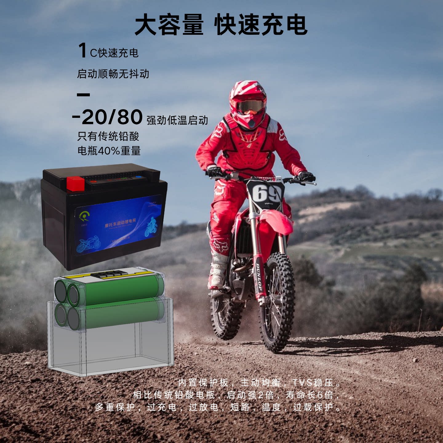 益能达免维护大容量摩托车踏板车12V磷酸铁锂电瓶蓄电池长寿命