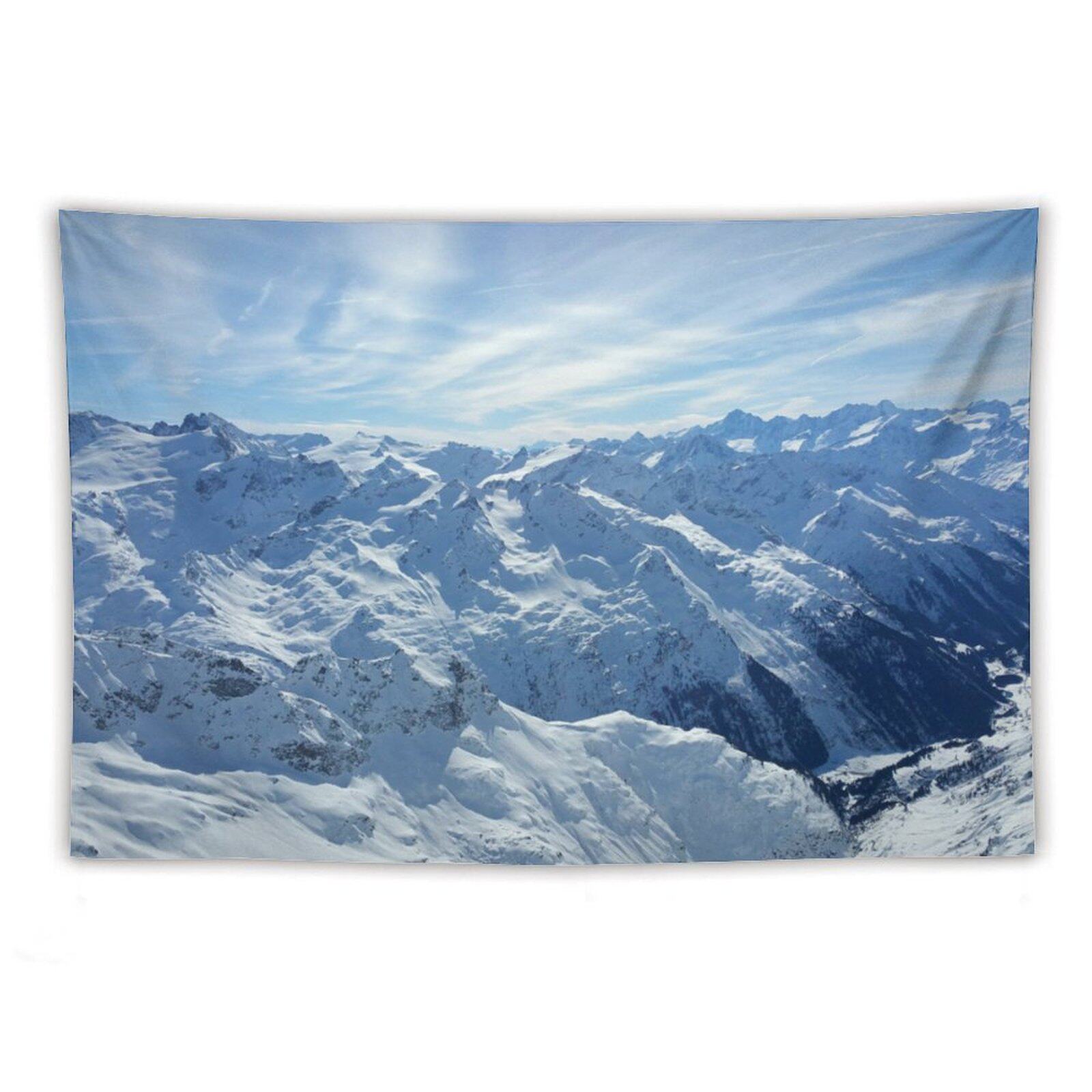 雪山白色山脉风景俯瞰滑雪度假酒店房间墙壁装饰背景布挂毯挂布