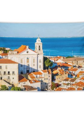 欧洲地中海葡萄牙里斯本黄色有轨电车城市墙壁装饰背景布挂毯挂布