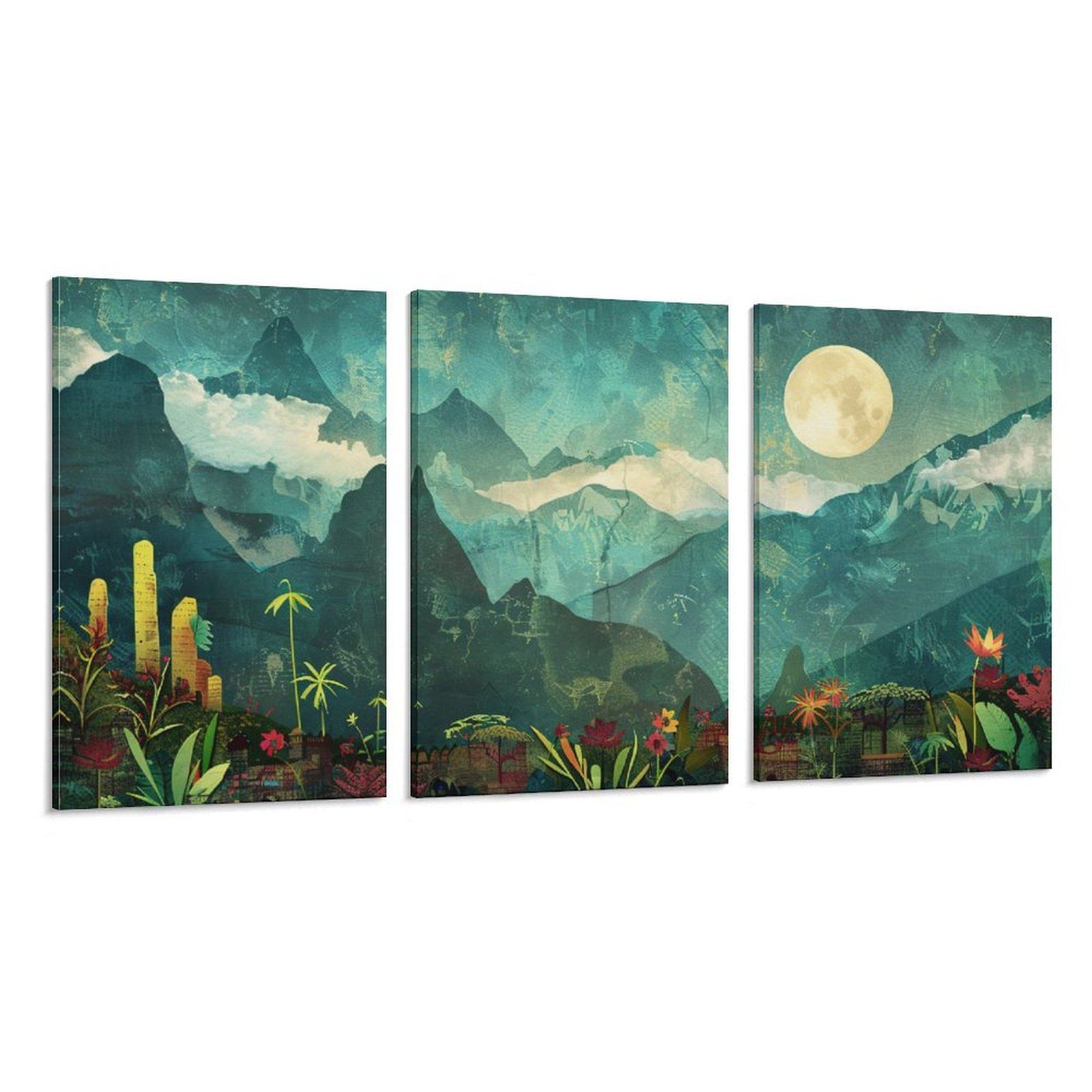 复古创意月夜荒山松树卧室房间背景墙帆布无框画三联组合装饰挂画