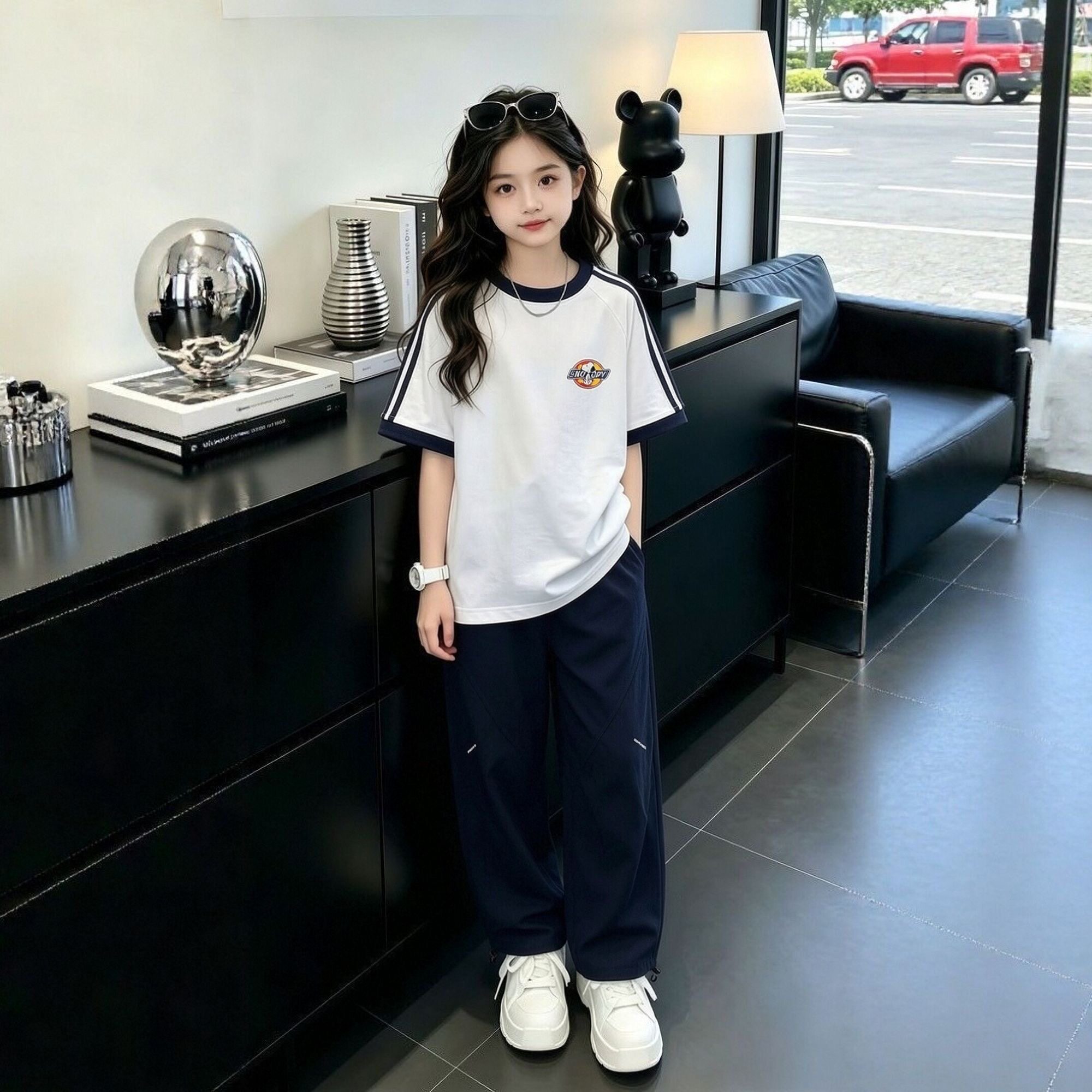 史努比夏季两件套装女童2026新款时髦洋气中大童短袖T恤长裤子潮
