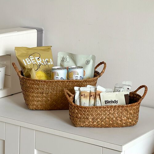 ins草编手提收纳筐天然海草零食杂物置物篮桌面护肤品收纳盒家用