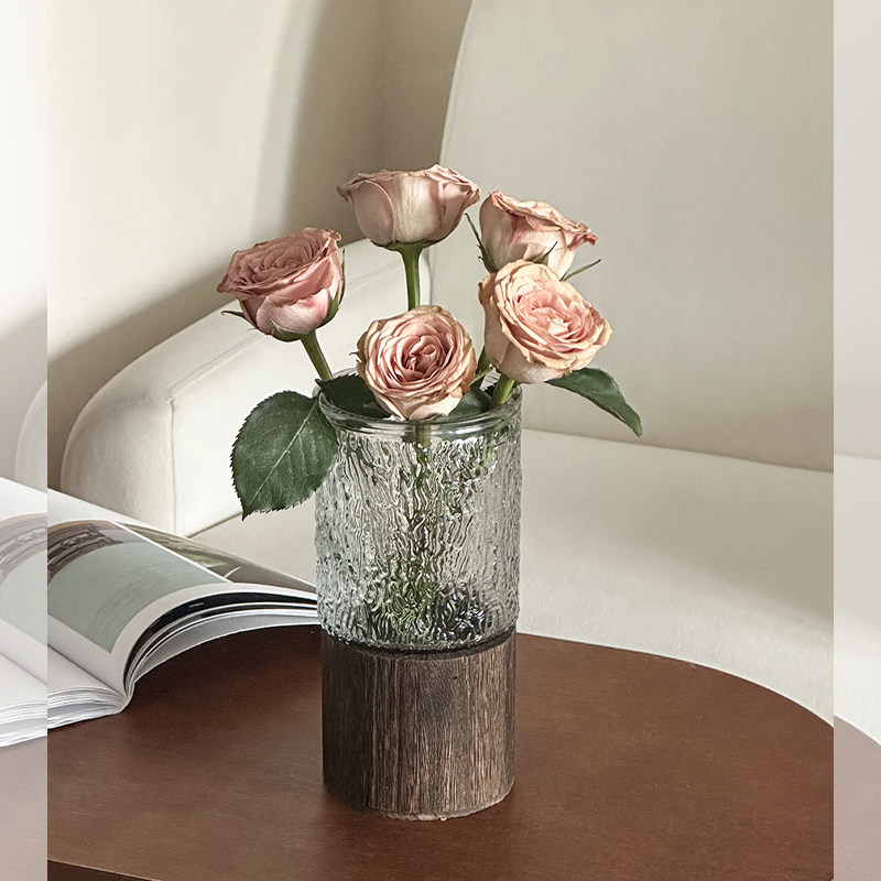 中国风透明水养插花玻璃花瓶高级感新中式木托客厅摆件民宿装饰品,家居饰品,花瓶,淘宝优惠券,粉丝福利购,淘宝优惠卷