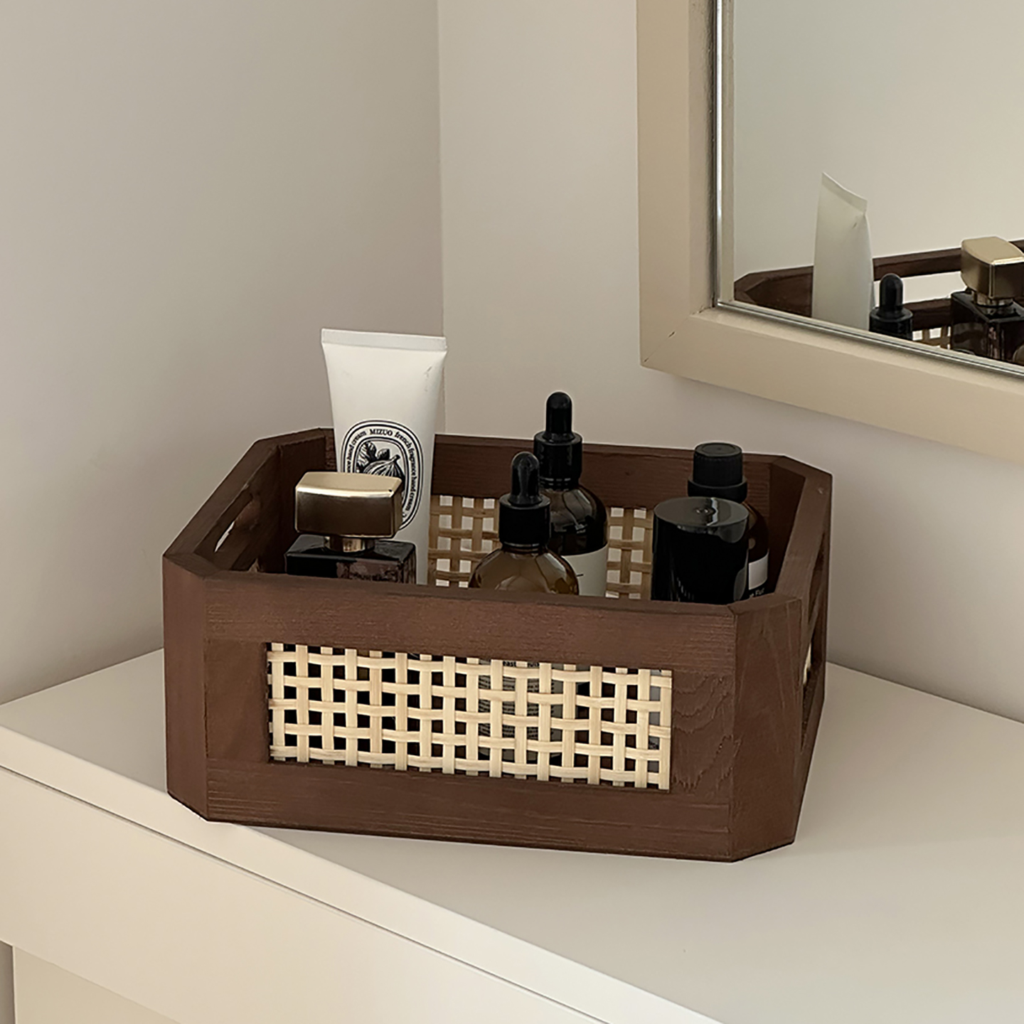 复古实木桌面收纳盒长方形化妆品整理盒茶几杂物零食置物篮收纳筐