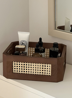 复古实木桌面收纳盒长方形化妆品整理盒茶几杂物零食置物篮收纳筐