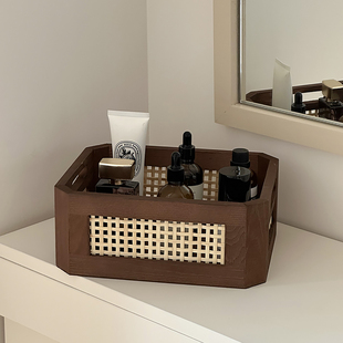 复古实木桌面收纳盒长方形化妆品整理盒茶几杂物零食置物篮收纳筐