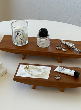 高脚收纳托盘香薰托盘装饰摆件复古高级感拍照道具木质小众桌面