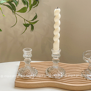 欧式 复古浮雕水晶玻璃烛台拍照餐桌浪漫摆件ins香薰蜡烛台座法式