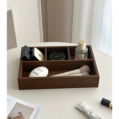 复古木质分格收纳盒长方形收纳筐桌面杂物化妆品收纳盘茶几置物盒