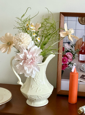 法式高级感陶瓷花瓶客厅插花餐桌面装饰摆件轻奢韩系拍照道具手提