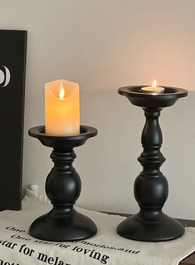 美式复古黑色铁艺烛台餐桌氛围感装饰摆件香薰蜡烛台座罗马柱烛台