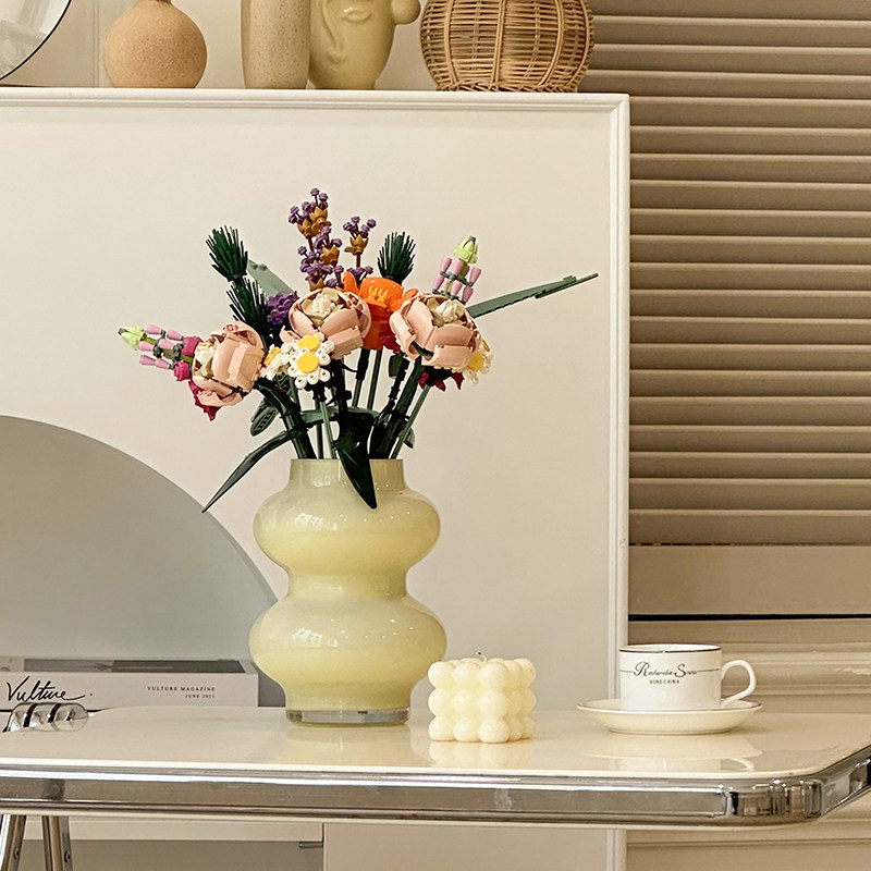 积木花束花瓶中国积木仿真花颗粒永生花女孩创意乐高diy花朵礼物