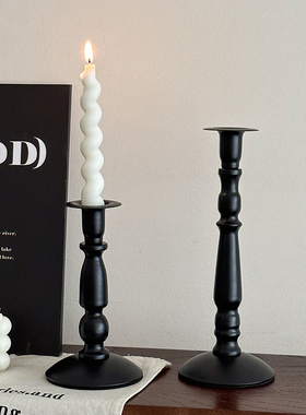 ins美式复古黑色铁艺烛台餐桌氛围感装饰摆件罗马柱长蜡烛台座