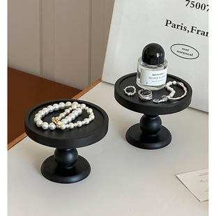 黑色复古木质香薰托盘摆件玄关收纳盘置物盘圆形高脚首饰展示架