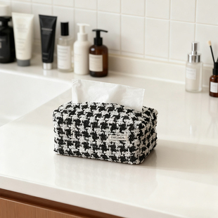简约千鸟格纸巾盒布艺浴室台面抽纸盒装饰摆件高级家用茶几纸巾套