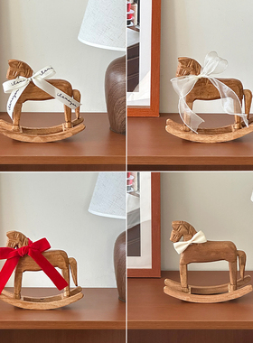 复古怀旧木质摇摇木马桌面装饰摆件手工马年新款红色蝴蝶结创意