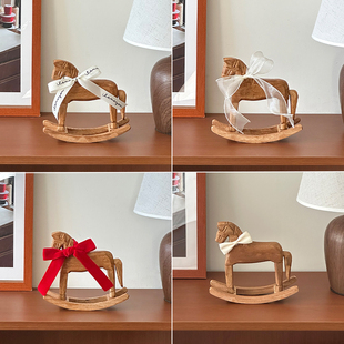 复古怀旧木质摇摇木马桌面装饰摆件手工马年新款红色蝴蝶结创意