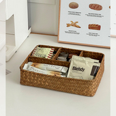 日式 草编分隔收纳盒首饰茶包咖啡液零食收纳筐桌面茶几杂物收纳