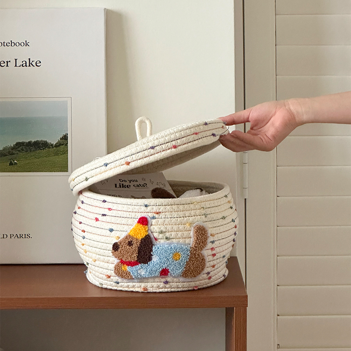 桌面收纳盒带盖腊肠狗创意可爱杂物零食收纳筐自制棉线编织收纳筐