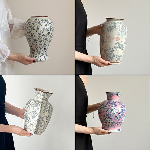 新年青花瓷复古陶瓷花瓶摆件客厅鲜花插花陶罐轻奢装饰品新中式小