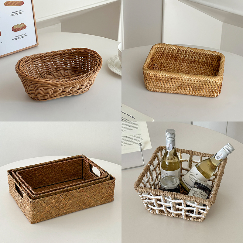 草编藤编编织收纳筐零食筐杂物筐化妆品收纳盒化妆品桌面收纳整理