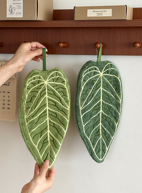 墙面装饰摆件浴室挂手帕擦手巾珊瑚绒吸水绿叶设计感创意复古挂件