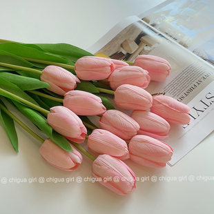 粉色郁金香花束高档紫色客厅桌面摆件干花假花拍照 仿真花手感保湿