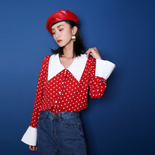 宽松雪纺法式 复古上衣春款 衬衣女红色波点娃娃领衬衫 早秋新款 长袖