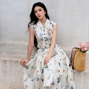 大摆半裙口袋裙子 裙衬衫 JUJU2026夏新款 森系复古植物印花上衣套装