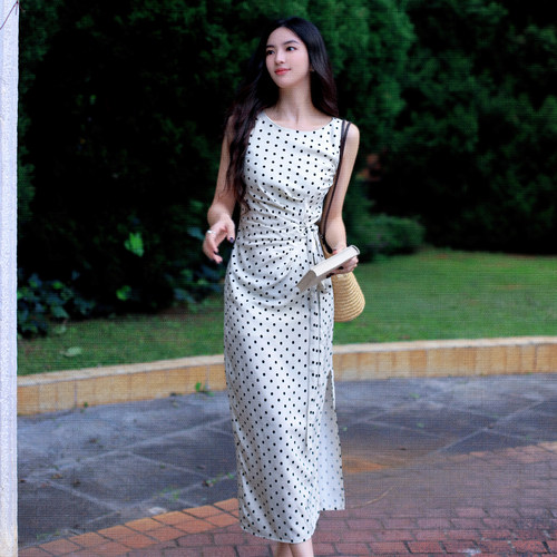 高级气质波点收腰亚麻棉法式长裙