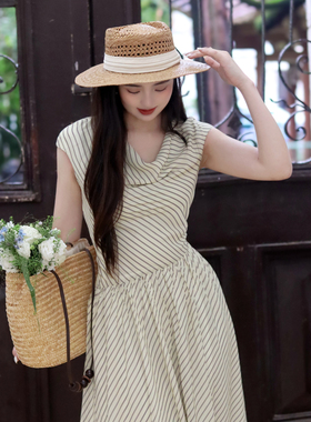juju定制温柔风气质荡领杏色条纹连衣裙休闲长裙飘逸度假雪纺裙