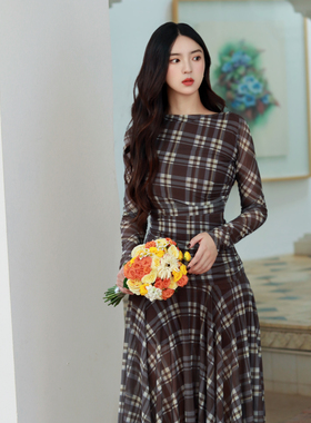 JUJU法式复古格子薄纱长袖连衣裙设计感酷飒弹力收腰修身裙子秋季