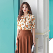 夏季 法式 上衣半身裙套装 连衣裙两件套女新款 复古短袖 雪纺碎花衬衫